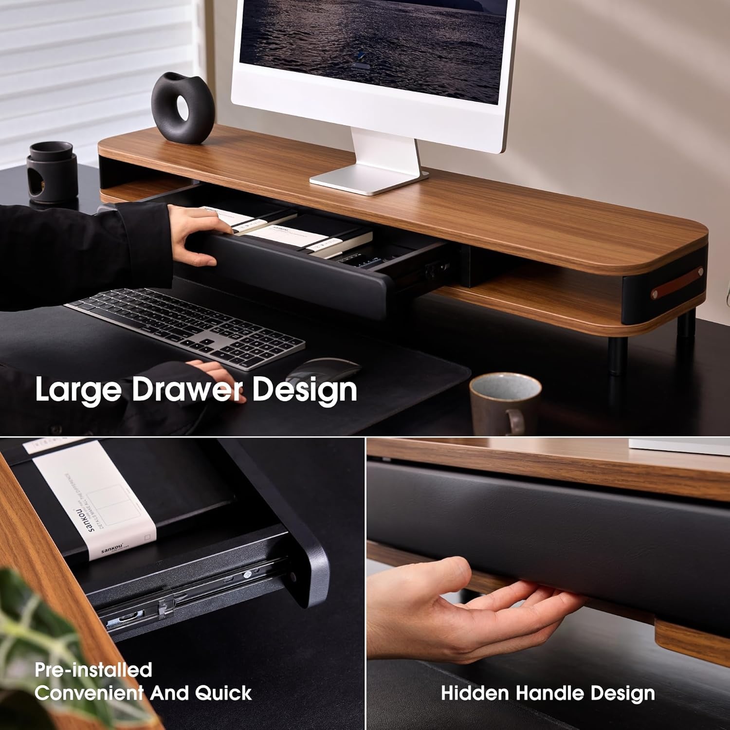 image:imageFenge Monitor Stand with Large Drawer 425 Inch Dual Monitor Riser for 2 Monitors Ergonomic Computer Desk Shelf with Soft Touch Leather amp Storage Organizer for Laptop Computer TV PC PrintersBrown