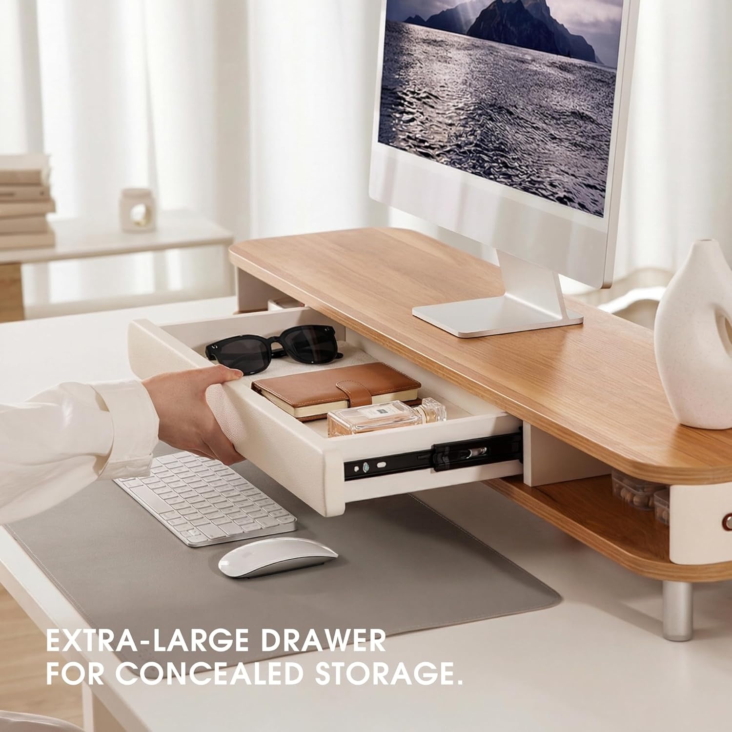image:imageFenge Monitor Stand with Large Drawer 425 Inch Dual Monitor Riser for 2 Monitors Ergonomic Computer Desk Shelf with Soft Touch Leather amp Storage Organizer for Laptop Computer TV PC PrintersOak