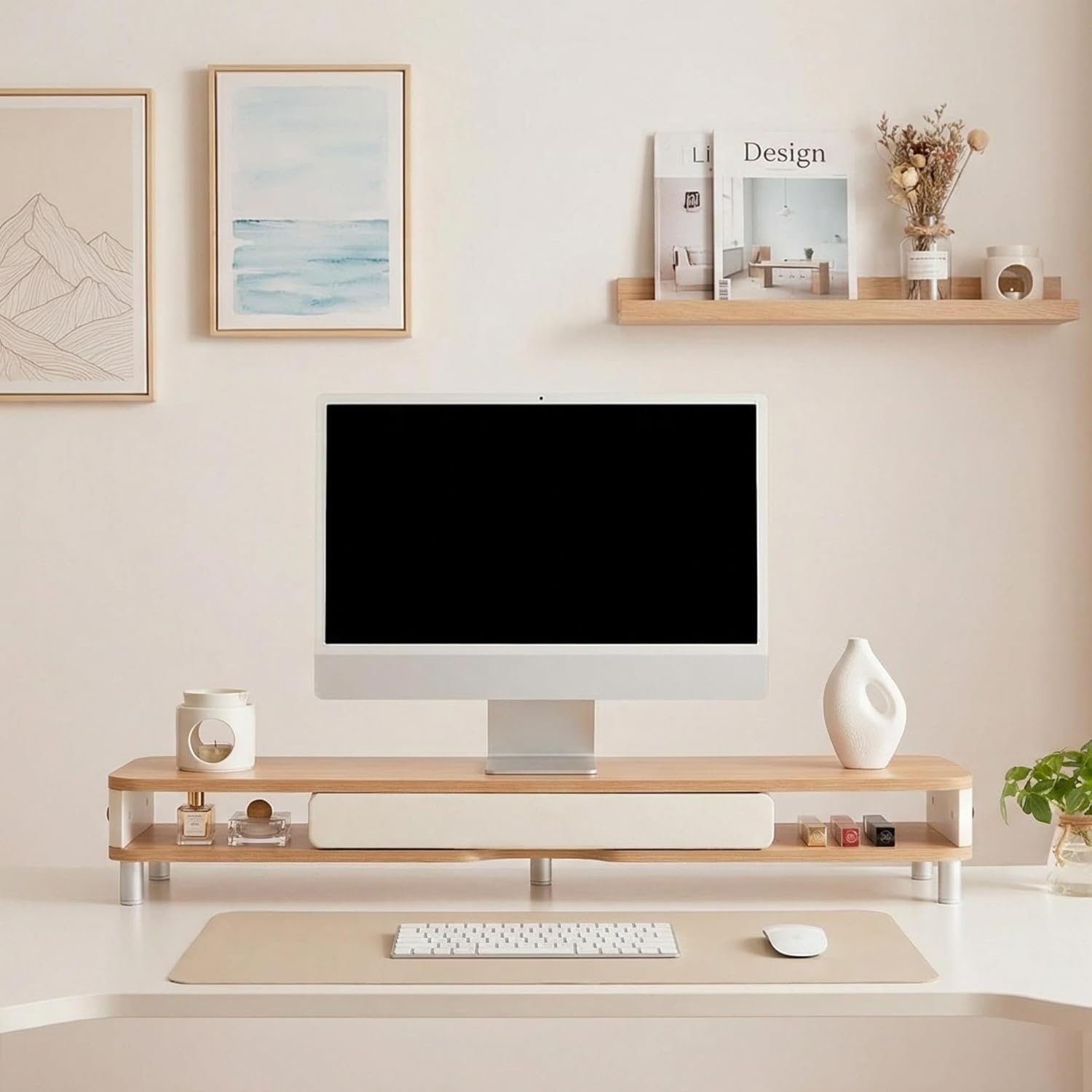 image:imageFenge Monitor Stand with Large Drawer 425 Inch Dual Monitor Riser for 2 Monitors Ergonomic Computer Desk Shelf with Soft Touch Leather amp Storage Organizer for Laptop Computer TV PC PrintersOak