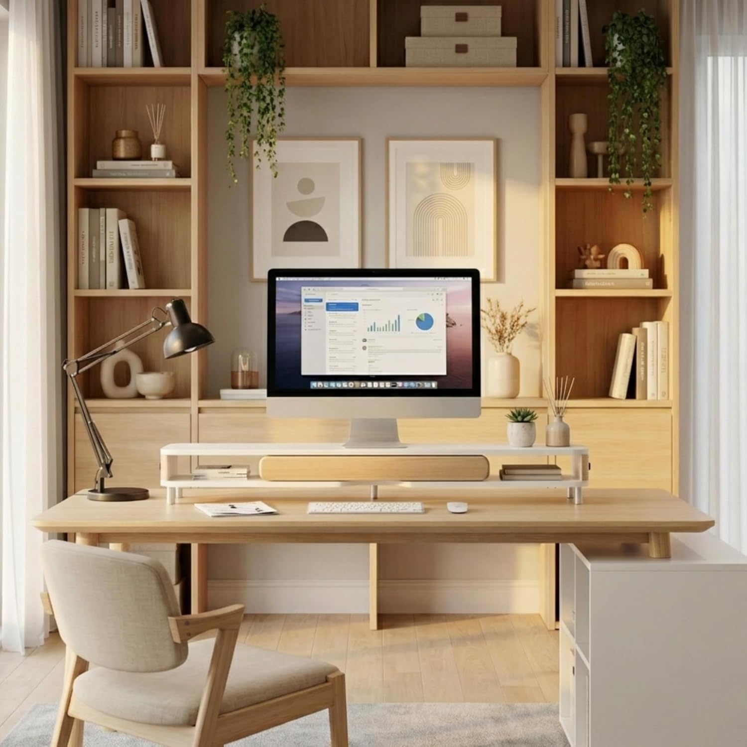 image:imageFenge Monitor Stand with Large Drawer 425 Inch Dual Monitor Riser for 2 Monitors Ergonomic Computer Desk Shelf with Soft Touch Leather amp Storage Organizer for Laptop Computer TV PC PrintersWhite