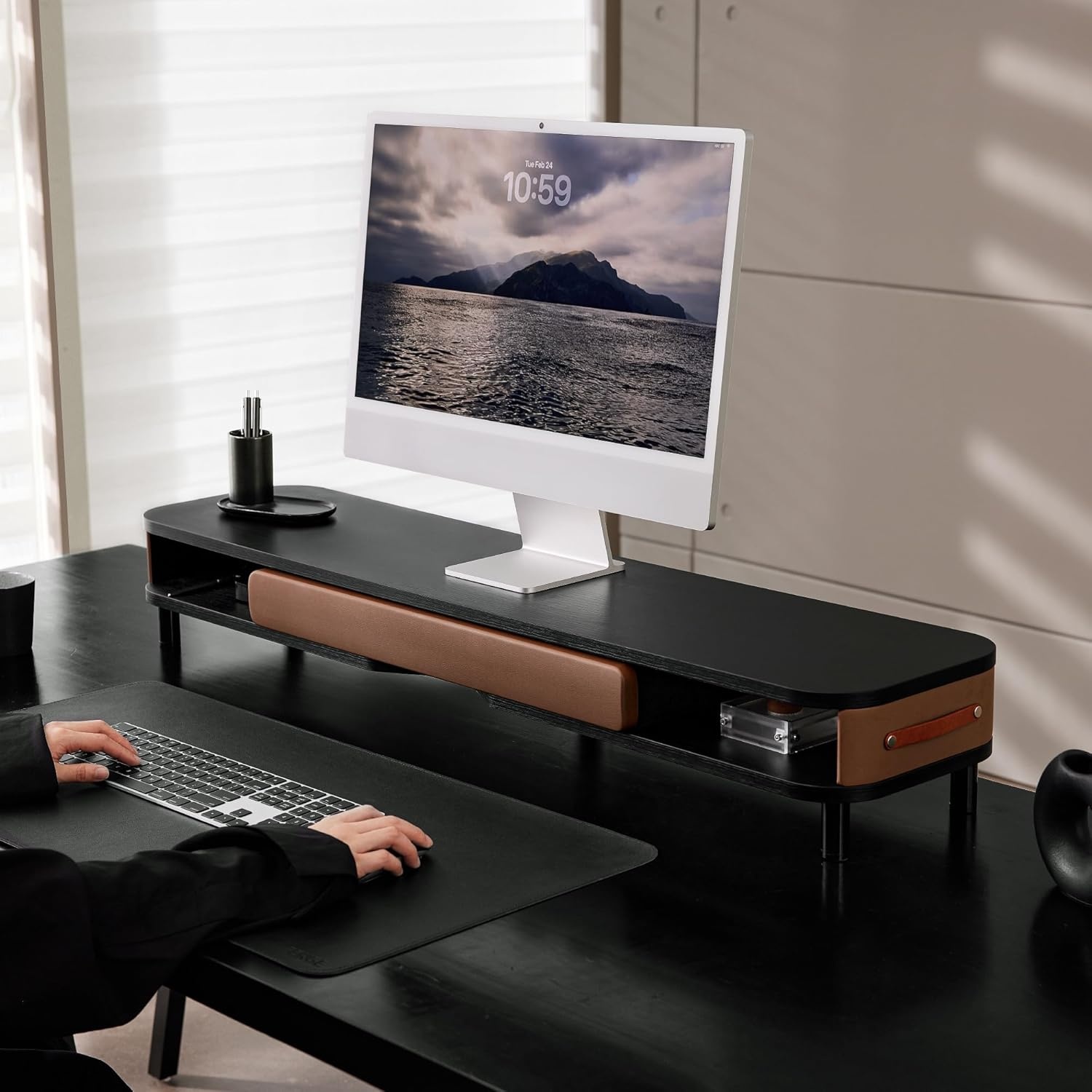 image:imageFenge Monitor Stand with Large Drawer 425 Inch Dual Monitor Riser for 2 Monitors Ergonomic Computer Desk Shelf with Soft Touch Leather amp Storage Organizer for Laptop Computer TV PC PrintersBlack