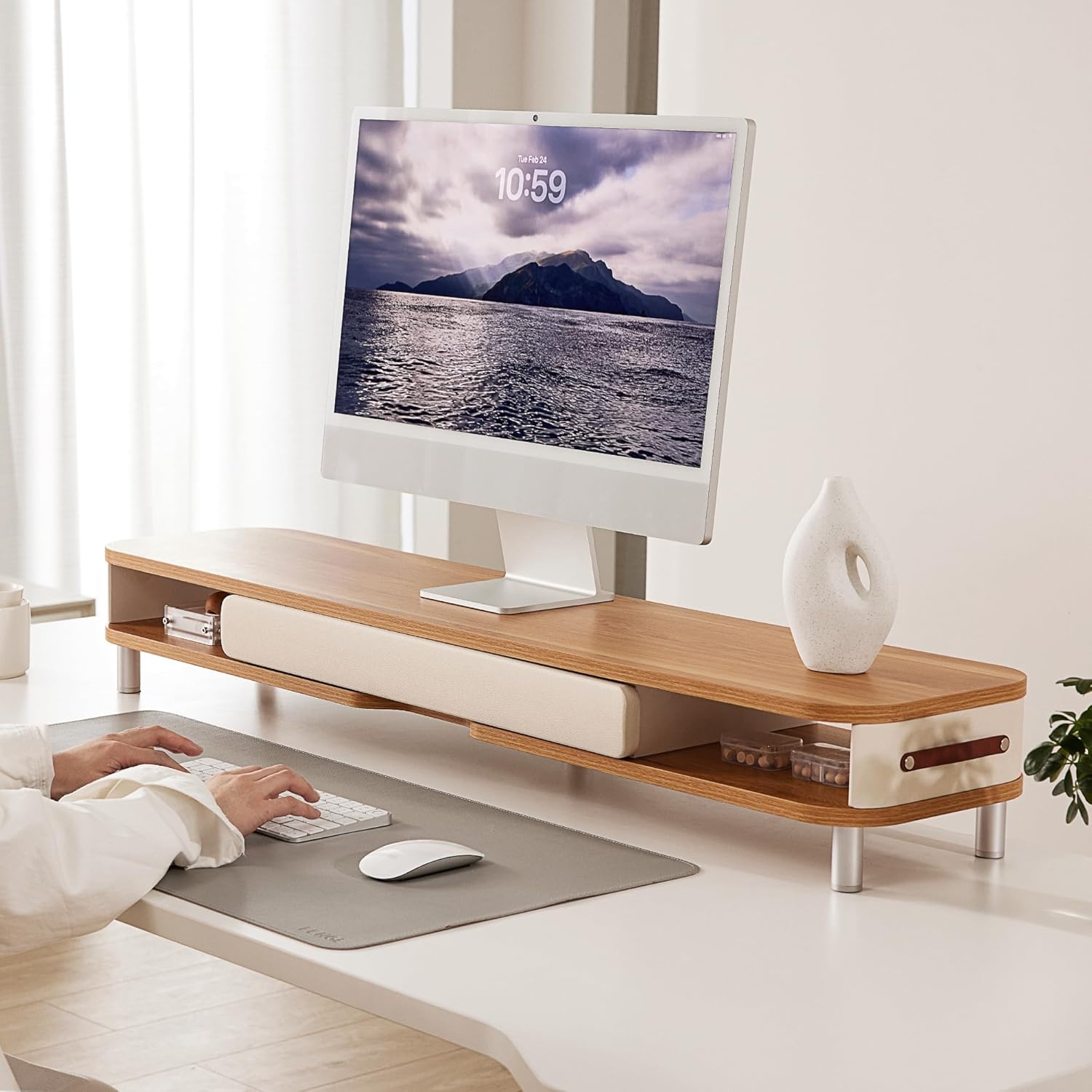 image:imageFenge Monitor Stand with Large Drawer 425 Inch Dual Monitor Riser for 2 Monitors Ergonomic Computer Desk Shelf with Soft Touch Leather amp Storage Organizer for Laptop Computer TV PC PrintersOak