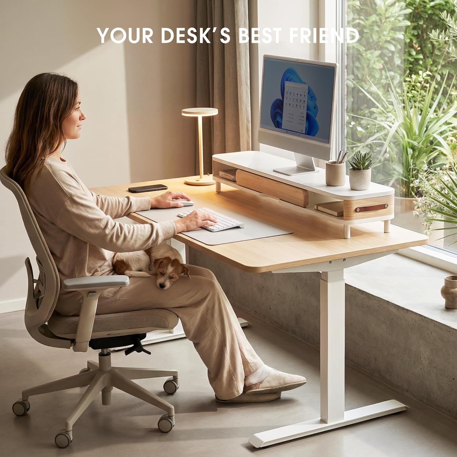 image:imageFenge Monitor Stand with Large Drawer 425 Inch Dual Monitor Riser for 2 Monitors Ergonomic Computer Desk Shelf with Soft Touch Leather amp Storage Organizer for Laptop Computer TV PC PrintersWhite