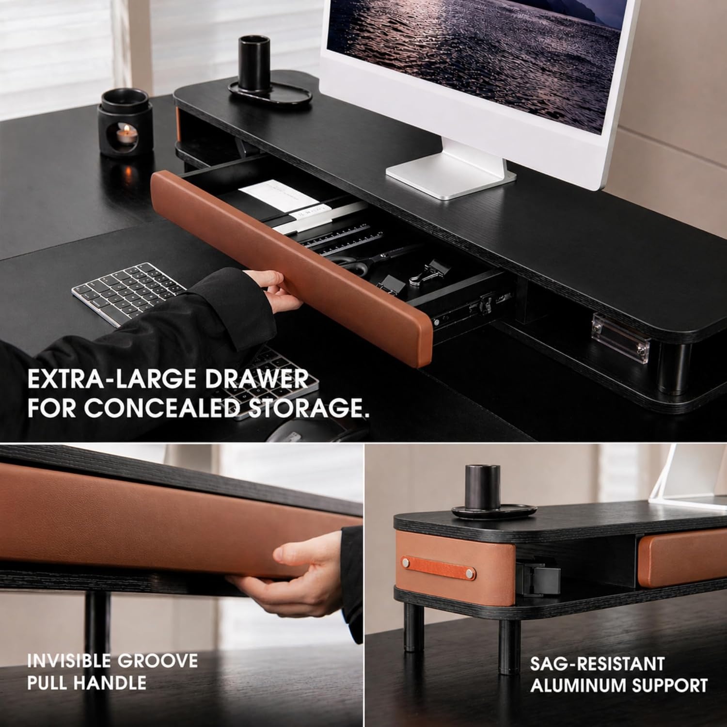 image:imageFenge Monitor Stand with Large Drawer 425 Inch Dual Monitor Riser for 2 Monitors Ergonomic Computer Desk Shelf with Soft Touch Leather amp Storage Organizer for Laptop Computer TV PC PrintersBlack
