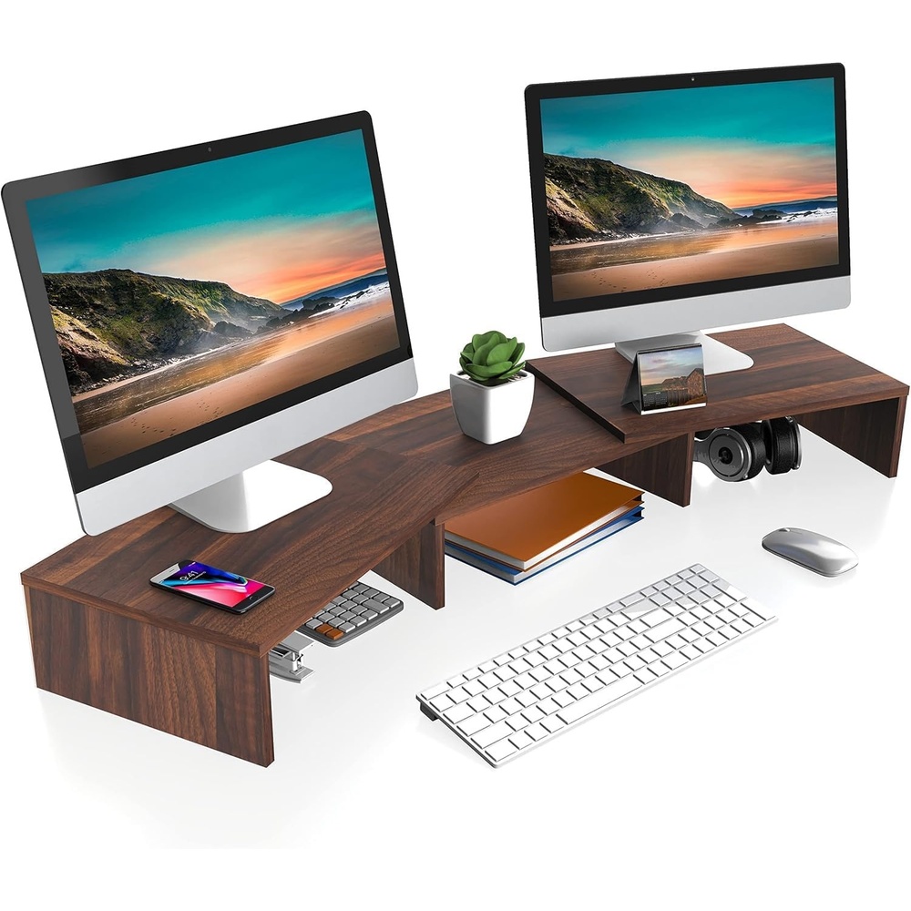 image:imageFITUEYES Dual Monitor Stand 3 Shelf Computer Monitor Riser Wood Desktop Stand with Adjustable Length and Angle Desk Accessories Office Supplies Medium Oak DT108006WOBrown