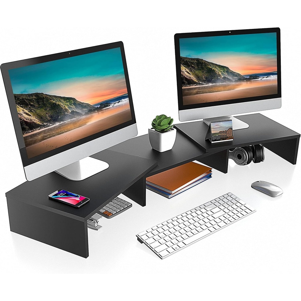 image:imageFITUEYES Dual Monitor Stand 3 Shelf Computer Monitor Riser Wood Desktop Stand with Adjustable Length and Angle Desk Accessories Office Supplies Medium Oak DT108006WOBlack