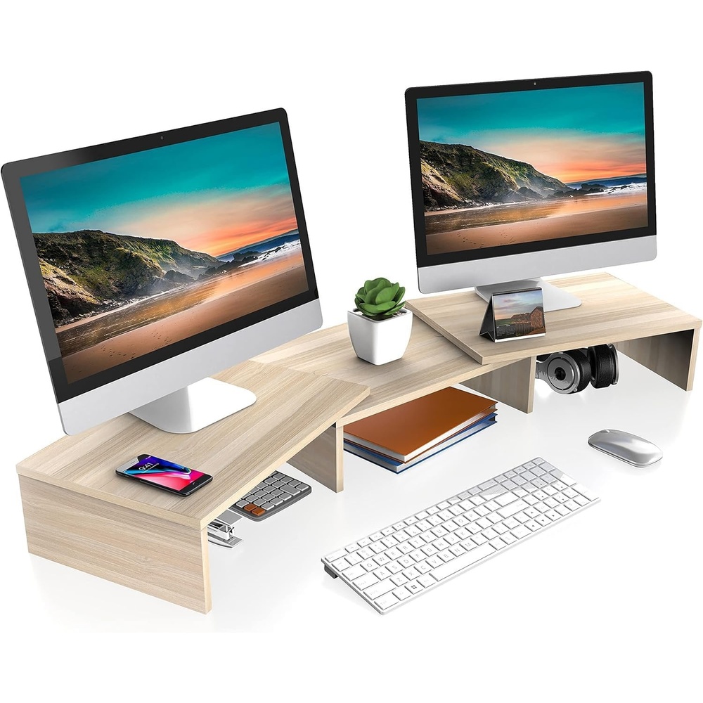 image:imageFITUEYES Dual Monitor Stand 3 Shelf Computer Monitor Riser Wood Desktop Stand with Adjustable Length and Angle Desk Accessories Office Supplies Medium Oak DT108006WOOak
