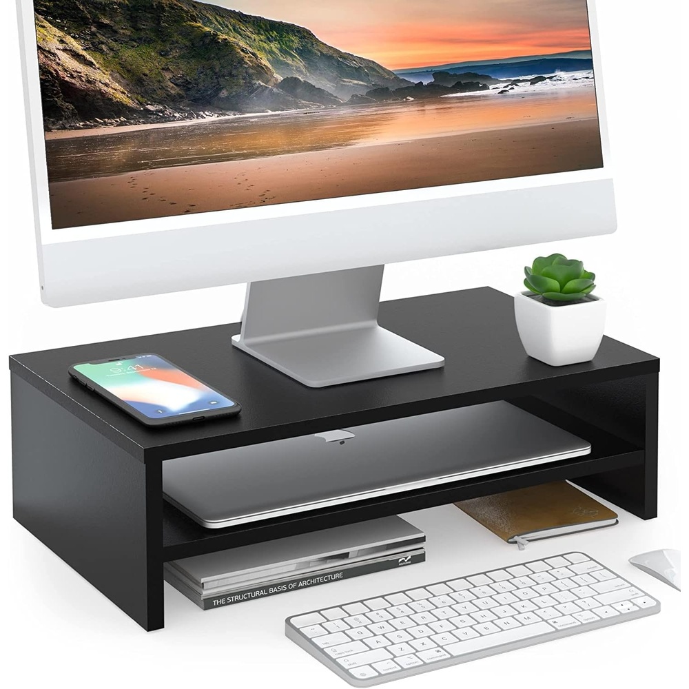 image:imageFITUEYES Monitor Stand 2 Tier Computer Monitor Riser Shelf Wood Desktop Stand for Laptop Computer Screen Desk Organization Office SuppliesBlack