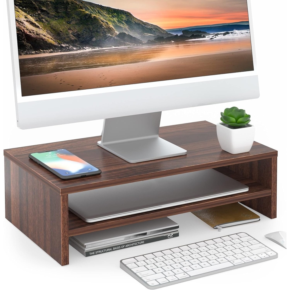 image:imageFITUEYES Monitor Stand 2 Tier Computer Monitor Riser Shelf Wood Desktop Stand for Laptop Computer Screen Desk Organization Office SuppliesBrown