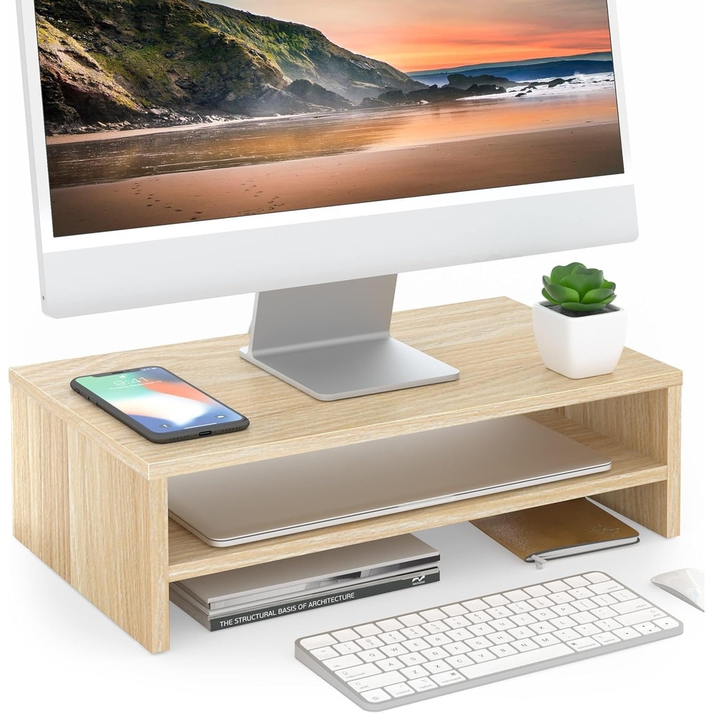 image:imageFITUEYES Monitor Stand 2 Tier Computer Monitor Riser Shelf Wood Desktop Stand for Laptop Computer Screen Desk Organization Office SuppliesOak