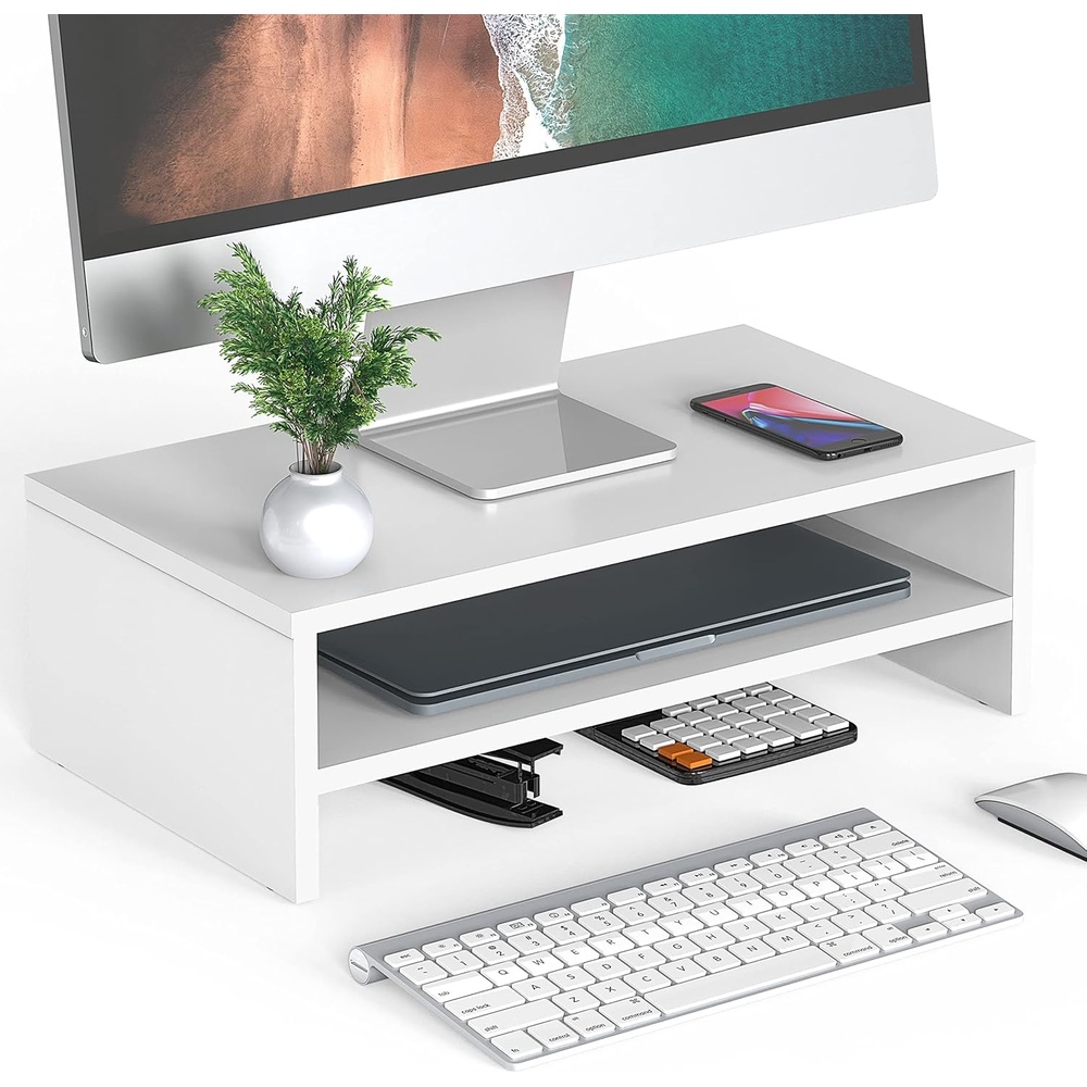 image:imageFITUEYES Monitor Stand 2 Tier Computer Monitor Riser Shelf Wood Desktop Stand for Laptop Computer Screen Desk Organization Office SuppliesWhite
