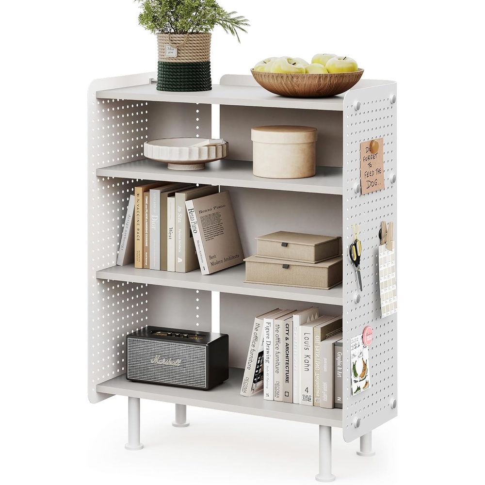image:imageFenge 4 Tier Bookshelf Modern Open Bookcase with Pegboard 243 Inches Small Book Shelf Storage Organizer with Adjustable Shelves for Living Room Bedroom Home OfficeWhite