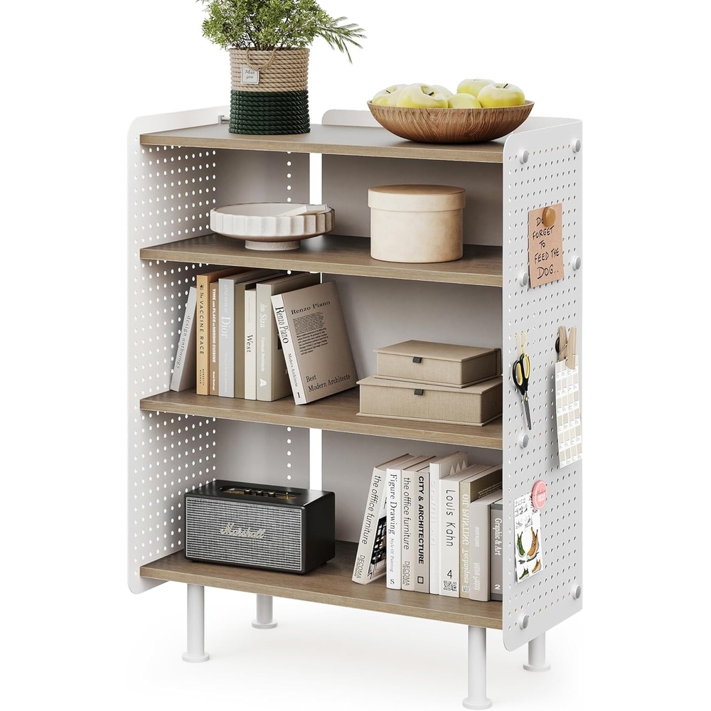 image:imageFenge 4 Tier Bookshelf Modern Open Bookcase with Pegboard 243 Inches Small Book Shelf Storage Organizer with Adjustable Shelves for Living Room Bedroom Home OfficeOak