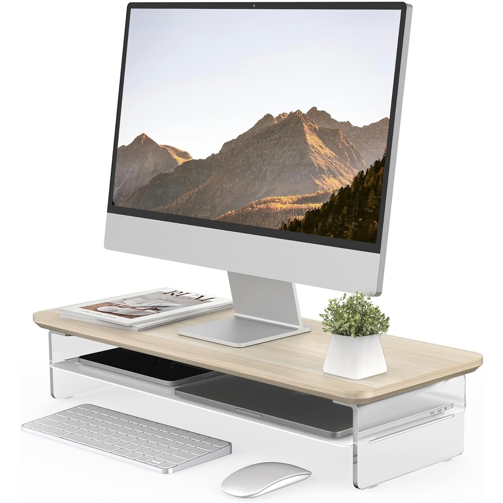 image:imageFenge Acrylic Monitor Stand Riser 425 Inches Dual Monitor Stand with Metal Storage 2 Tier Acrylic Computer Riser for Desk Clear Laptop Stand for PC Laptop Printer TV WhiteOak