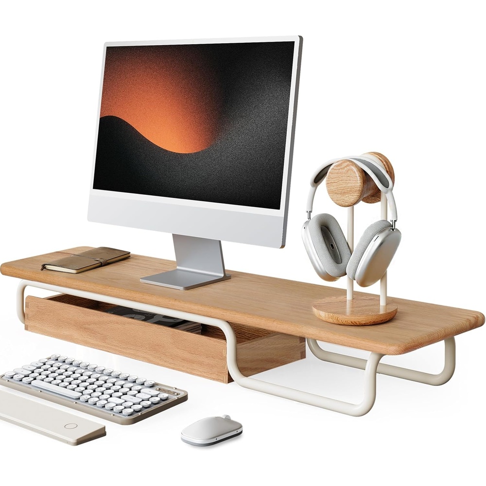 image:imageFenge Dual Monitor Riser 37 Inch Monitor Stand for Desk Solid Wood Desk Shelf with Large Drawer Organizer No Assembly Computer Stand for PC Laptop Printer TVOak