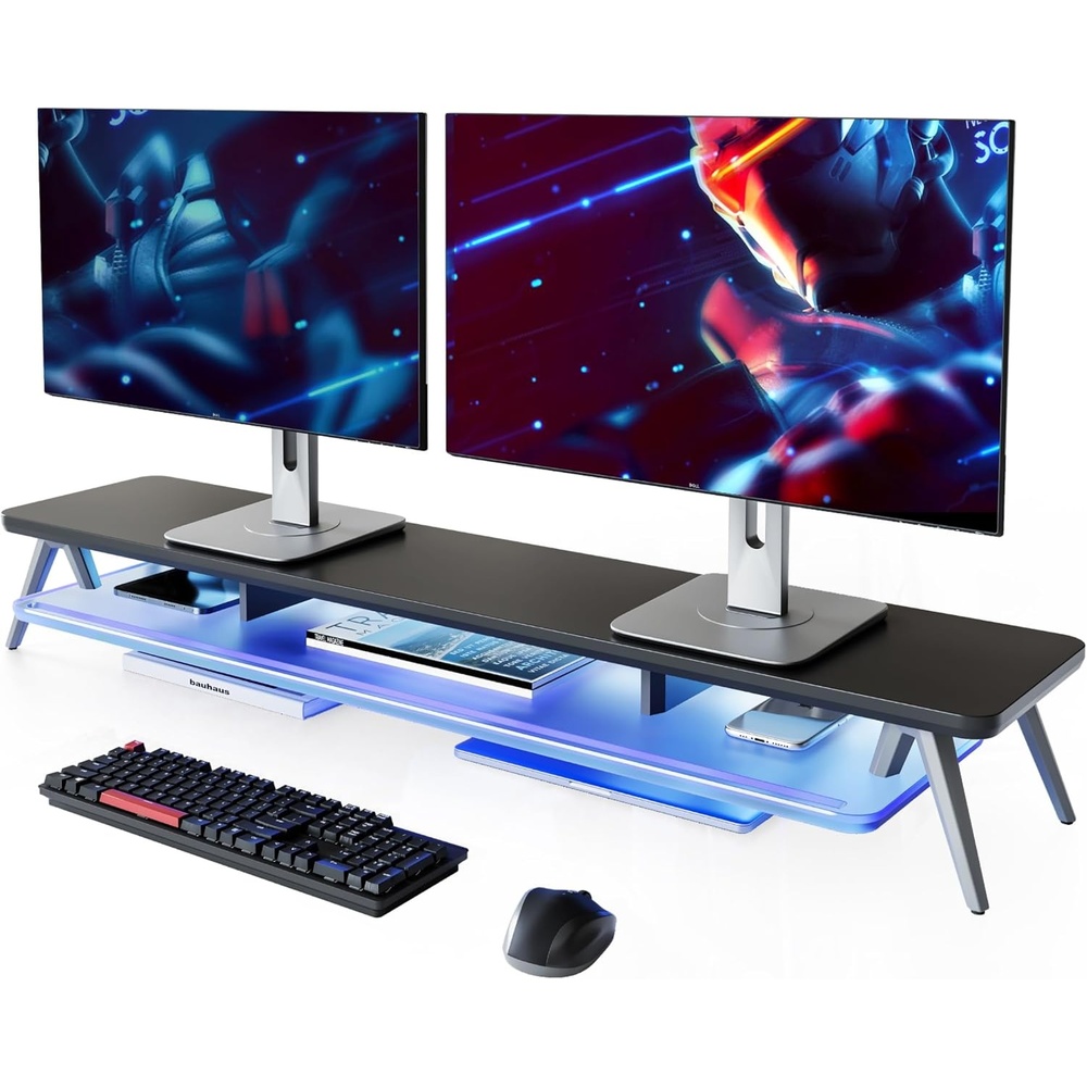image:imageFenge Dual Monitor Stand 2 Tiers Acrylic Monitor Riser with LED Lights 425 Inch Wood and Aluminum Desk Shelf with Phone and Tablet HolderBlack