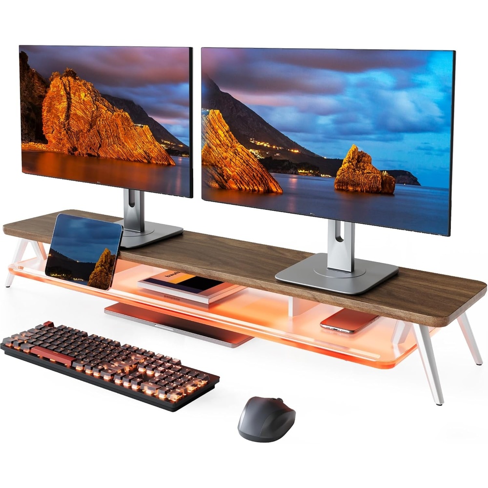 image:imageFenge Dual Monitor Stand 2 Tiers Acrylic Monitor Riser with LED Lights 425 Inch Wood and Aluminum Desk Shelf with Phone and Tablet HolderBrown
