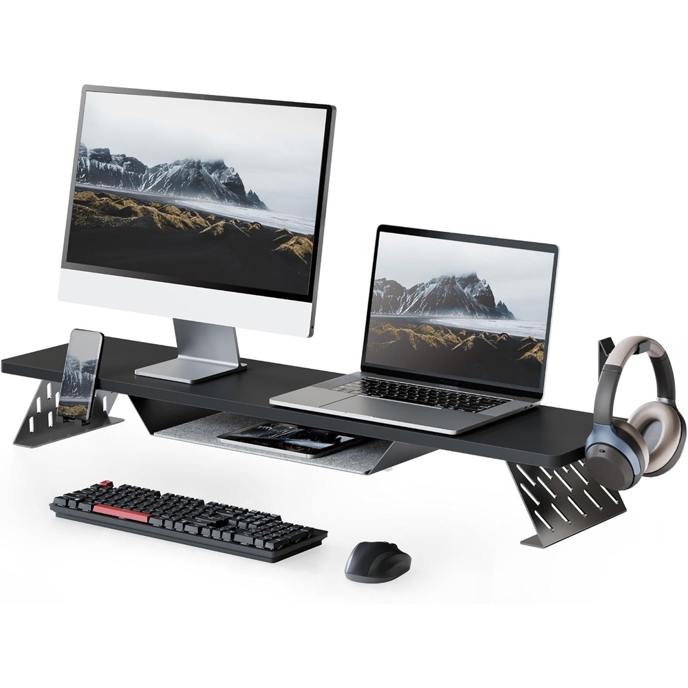 image:imageFenge Dual Monitor Stand 425 Inch Monitor Riser for Desk Wood Desk Shelf for 2 Monitors 2 Tier Monitor Shelf with Headphone Stand amp Phone HolderBlack