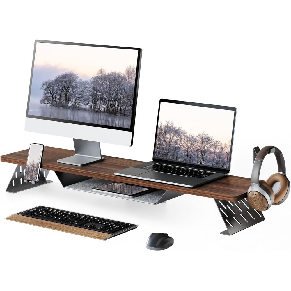 image:imageFenge Dual Monitor Stand 425 Inch Monitor Riser for Desk Wood Desk Shelf for 2 Monitors 2 Tier Monitor Shelf with Headphone Stand amp Phone HolderBrown