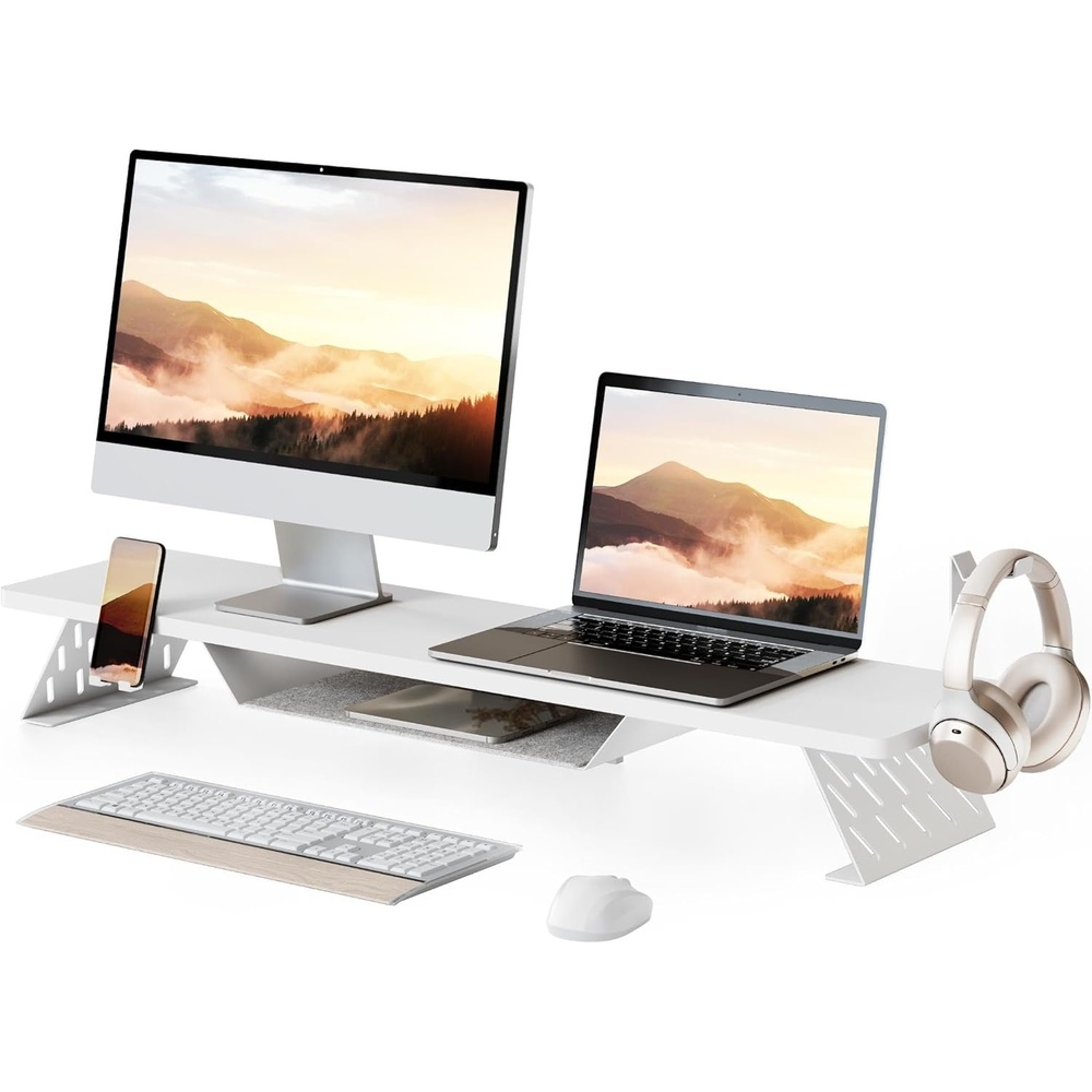 image:imageFenge Dual Monitor Stand 425 Inch Monitor Riser for Desk Wood Desk Shelf for 2 Monitors 2 Tier Monitor Shelf with Headphone Stand amp Phone HolderWhite