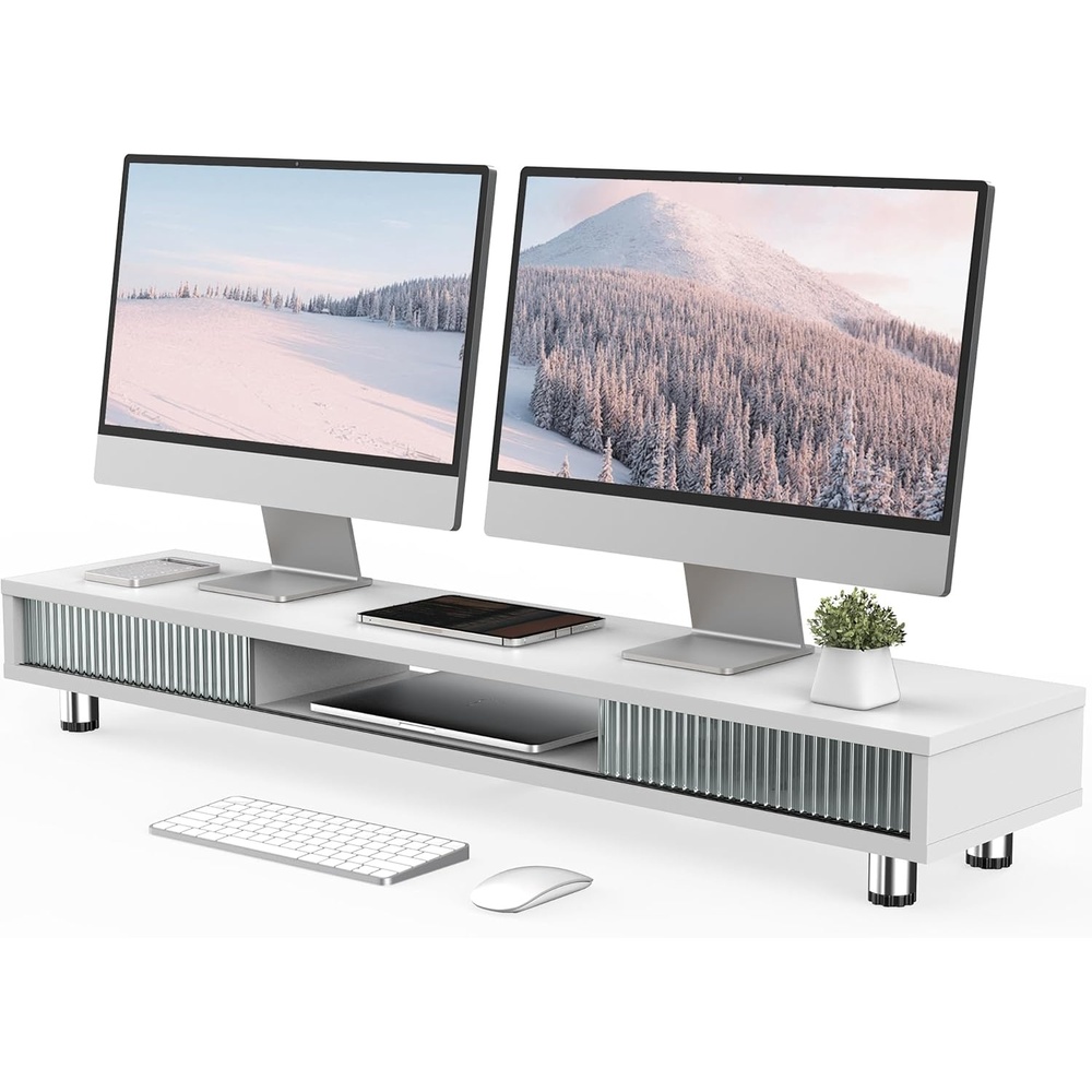 image:imageFenge Dual Monitor Stand 425inch Long Monitor Stands Riser for 2 Monitors Glass Sliding Door with Storage Organizer Stand for Desk 2 Tier Desk Shelf for Laptop Pc Printer Computer TVWhite