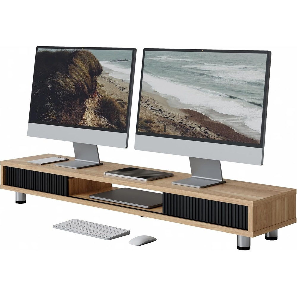 image:imageFenge Dual Monitor Stand 425inch Long Monitor Stands Riser for 2 Monitors Glass Sliding Door with Storage Organizer Stand for Desk 2 Tier Desk Shelf for Laptop Pc Printer Computer TVDark Oak