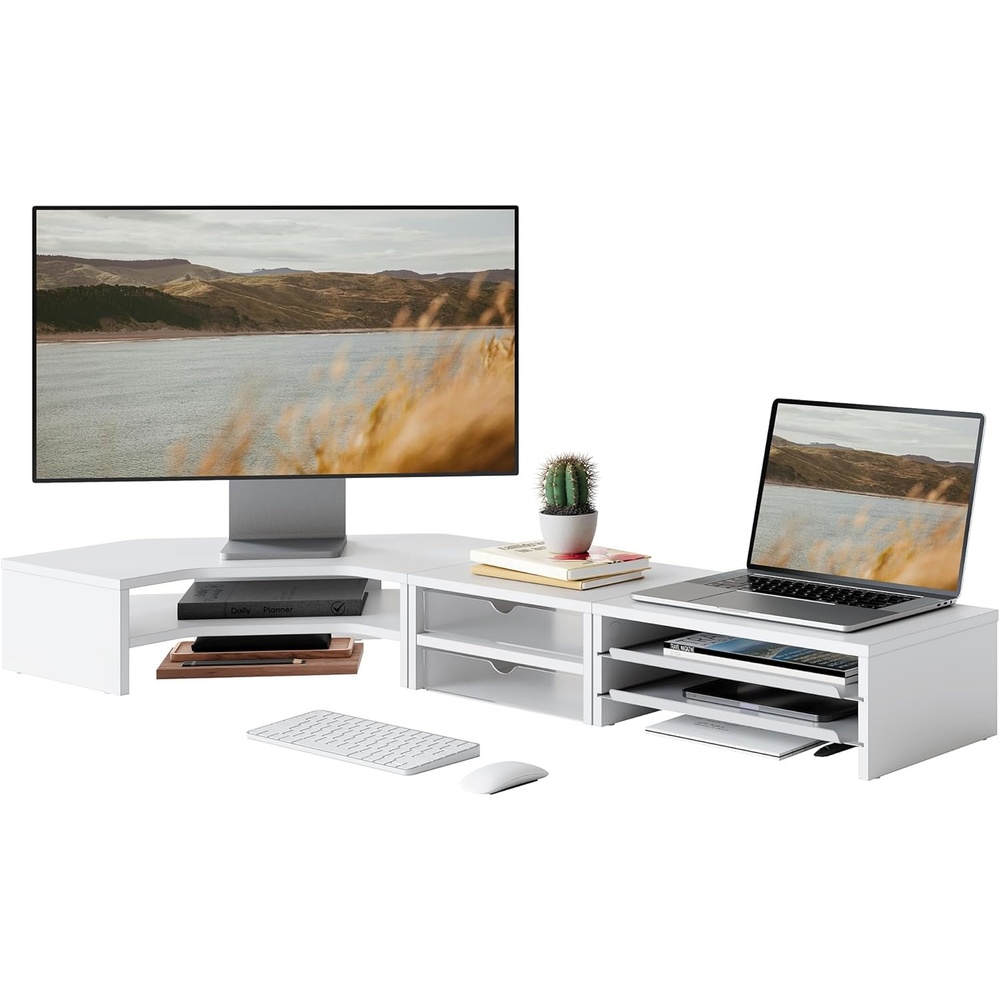 image:imageFenge Dual Monitor Stand Corner Monitor shelf with Drawer and SlideOut Tray 2 Tier Triangle Monitor Riser with Storage Desk Shelf Organizer for Desk Home Office Computer Laptop PrinterWhite