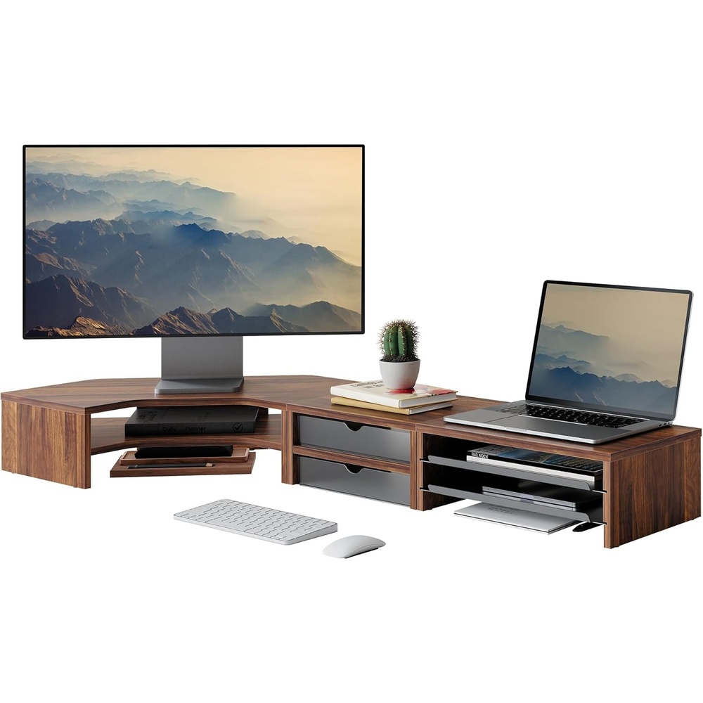 image:imageFenge Dual Monitor Stand Corner Monitor shelf with Drawer and SlideOut Tray 2 Tier Triangle Monitor Riser with Storage Desk Shelf Organizer for Desk Home Office Computer Laptop PrinterBrown