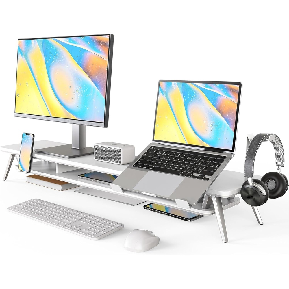 image:imageFenge Dual Monitor Stand Monitor Riser for 2 Monitors with Adjustable Laptop Riser 425 Inch Desk Shelf for Top of Desk with Phone Holderamp Headphone StandWhite