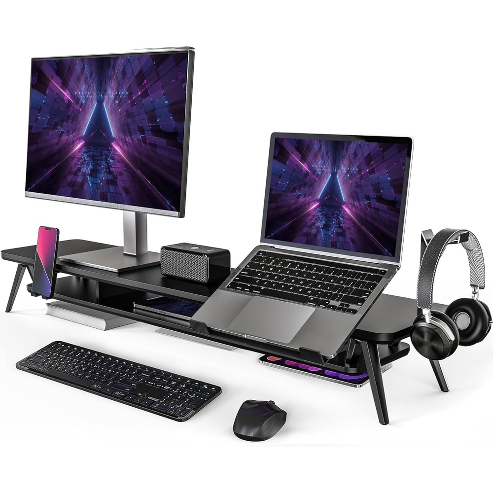 image:imageFenge Dual Monitor Stand Monitor Riser for 2 Monitors with Adjustable Laptop Riser 425 Inch Desk Shelf for Top of Desk with Phone Holderamp Headphone StandBlack