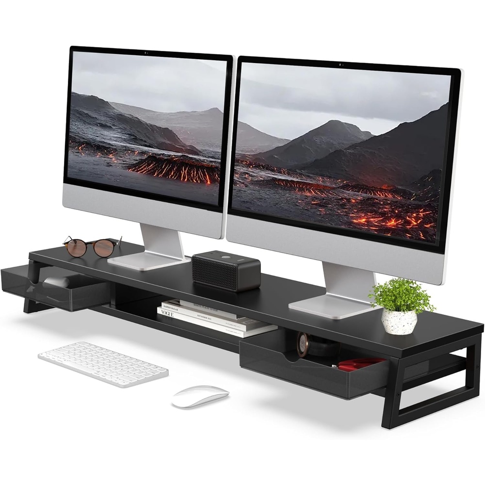 image:imageFenge Dual Monitor Stand Monitor Riser with Drawer 425 Inch Large Computer Monitor Stand for 2 Monitors 2 Tier Wooden Desk Shelf for Top of DeskBlack