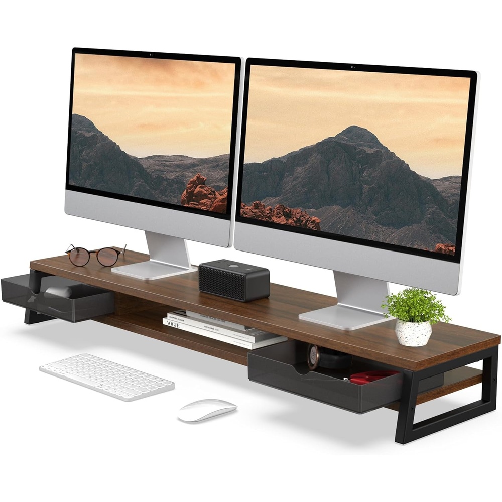image:imageFenge Dual Monitor Stand Monitor Riser with Drawer 425 Inch Large Computer Monitor Stand for 2 Monitors 2 Tier Wooden Desk Shelf for Top of DeskBrown