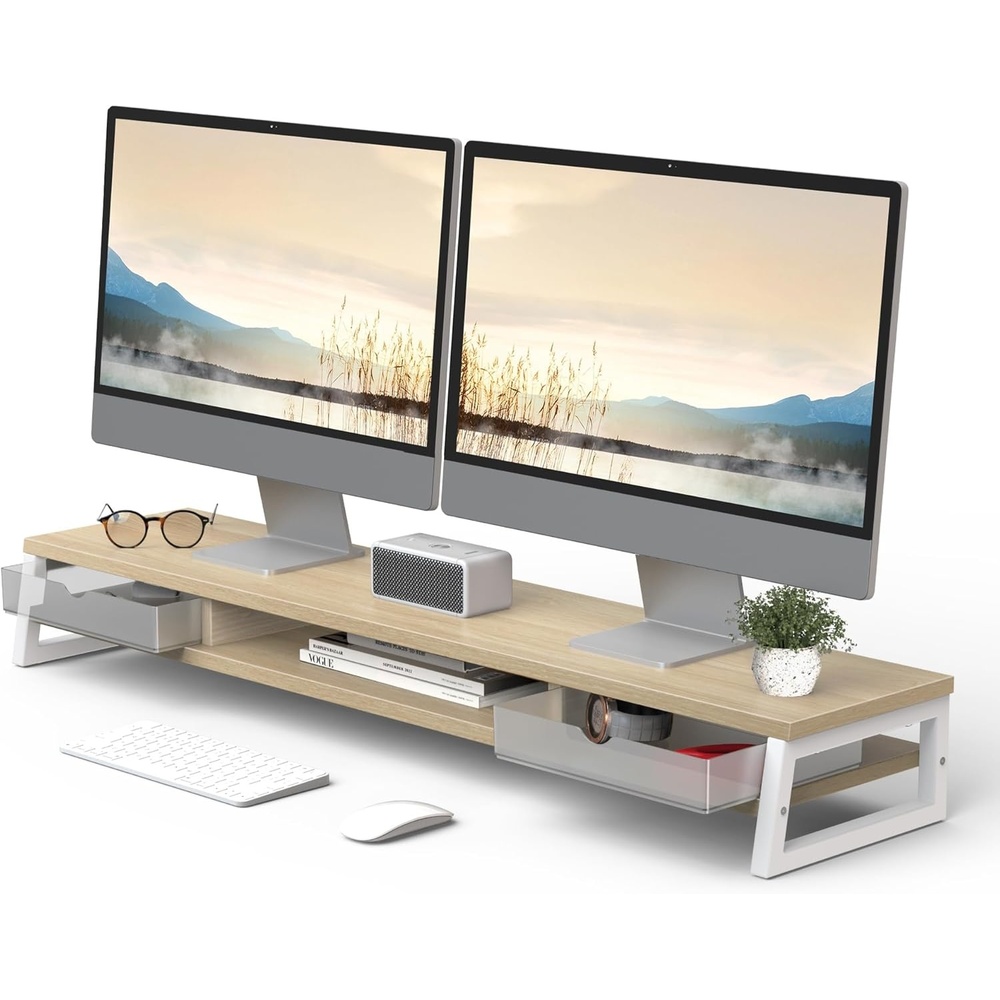image:imageFenge Dual Monitor Stand Monitor Riser with Drawer 425 Inch Large Computer Monitor Stand for 2 Monitors 2 Tier Wooden Desk Shelf for Top of DeskOak