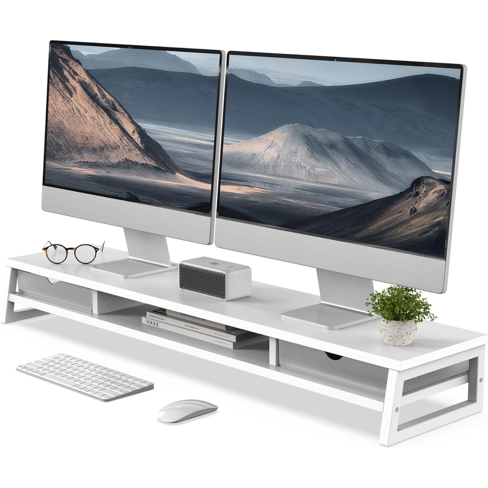 image:imageFenge Dual Monitor Stand Monitor Riser with Drawer 425 Inch Large Computer Monitor Stand for 2 Monitors 2 Tier Wooden Desk Shelf for Top of DeskWhite1