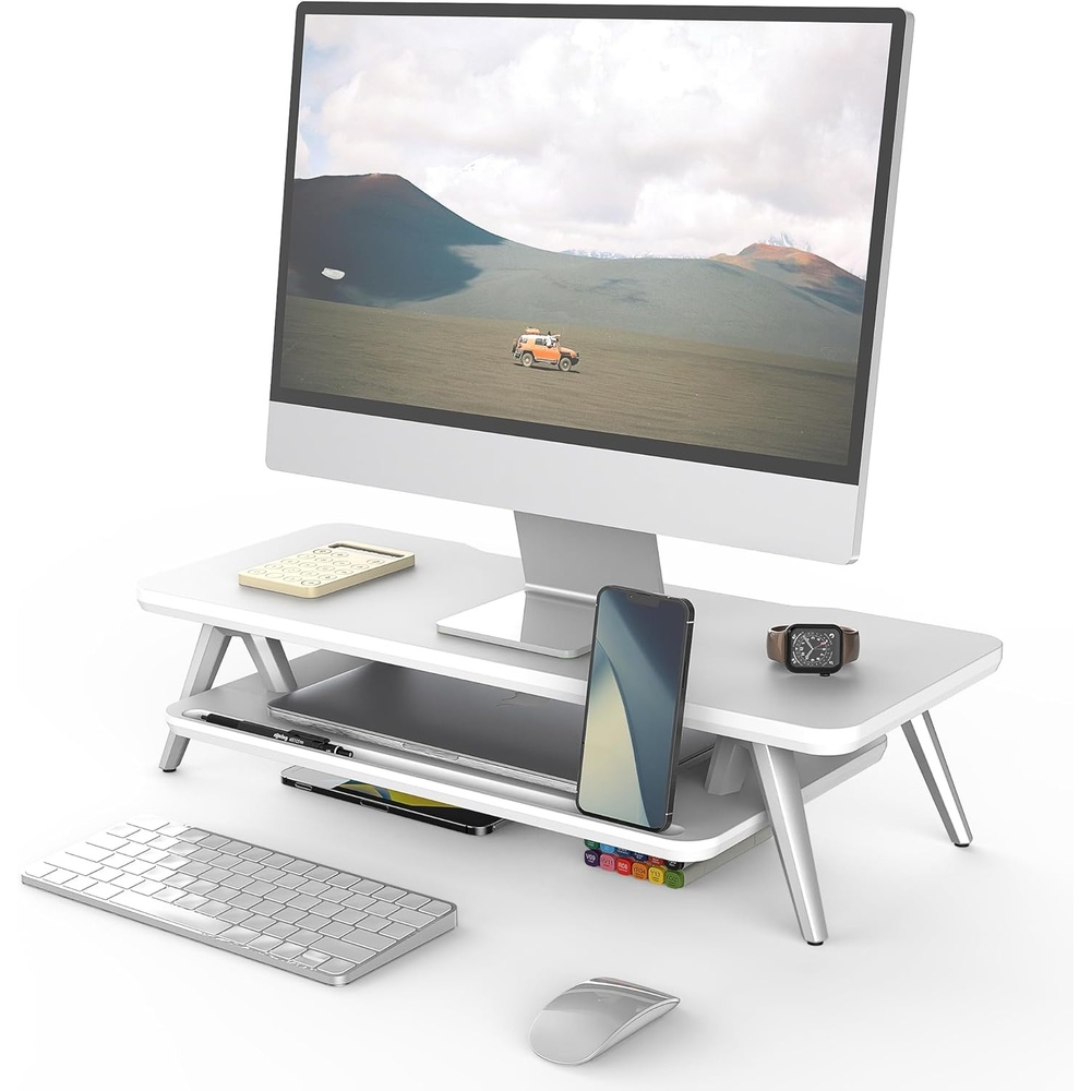 image:imageFenge Dual Monitor Stand Monitor Stands Riser for 2 monitors 425 Inch Wood Desk Shelf with Storage Organizer and Cable Management for Office Desk AccessoriesWhite