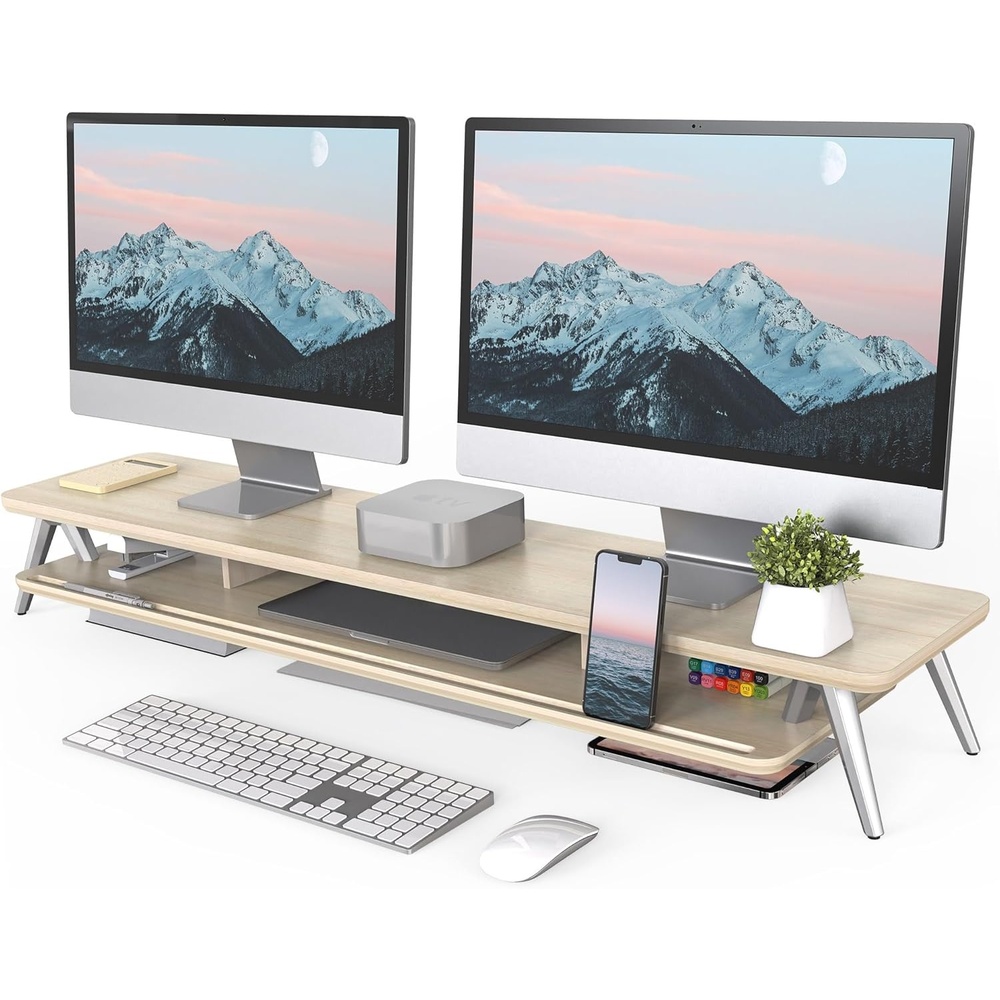 image:imageFenge Dual Monitor Stand Monitor Stands Riser for 2 monitors 425 Inch Wood Desk Shelf with Storage Organizer and Cable Management for Office Desk AccessoriesOak