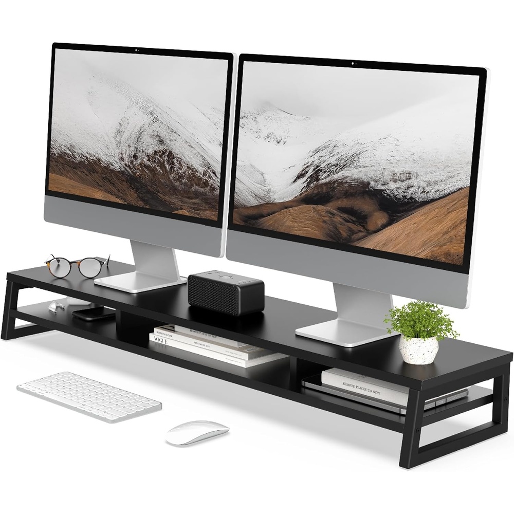 image:imageFenge Dual Monitor Stand for Desk 425in Large Monitor Riser for 2 Monitors 2 Tier Computer Office Desk Top Shelf Desktop Storage Stand for Laptop PC Computer PrinterBlack