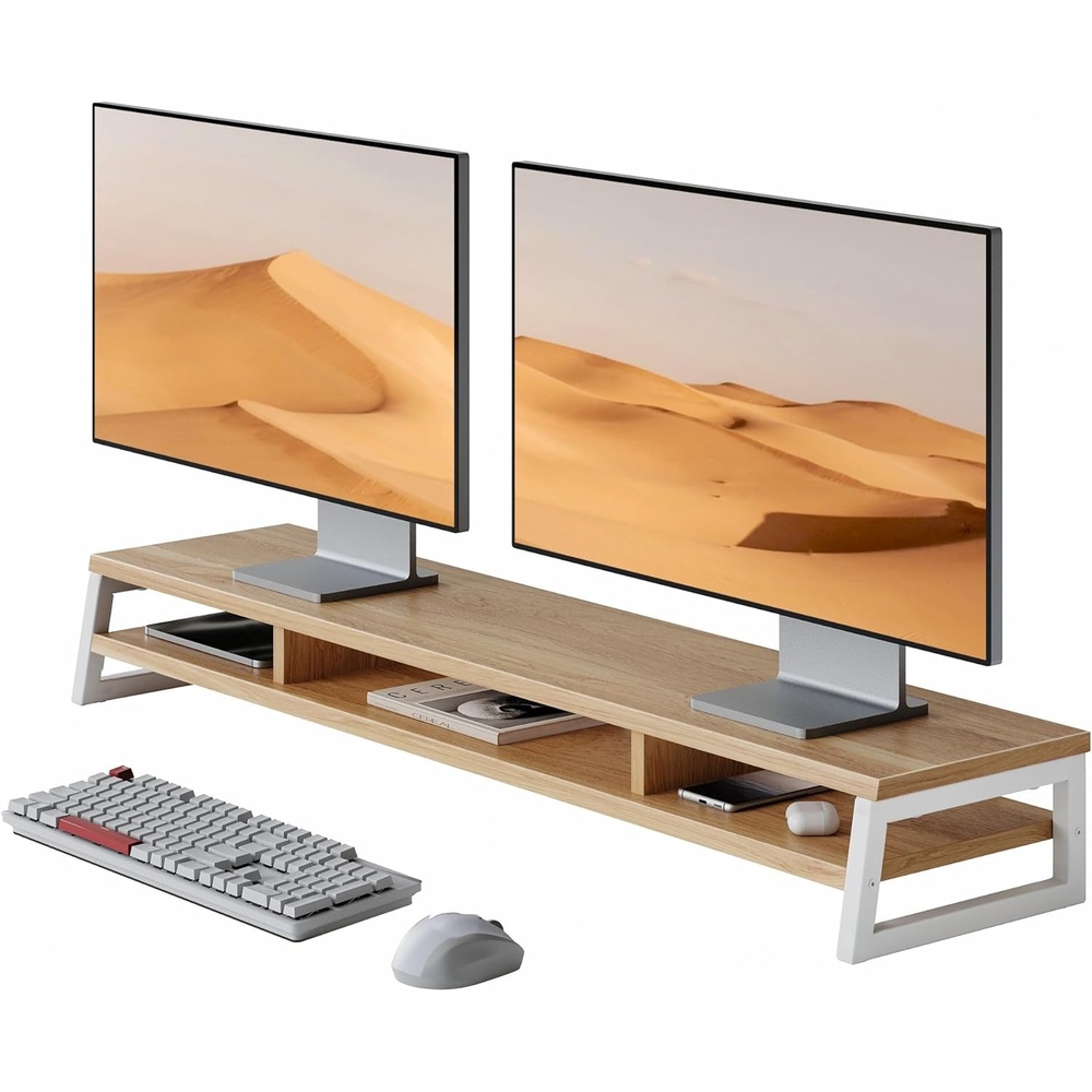 image:imageFenge Dual Monitor Stand for Desk 425in Large Monitor Riser for 2 Monitors 2 Tier Computer Office Desk Top Shelf Desktop Storage Stand for Laptop PC Computer PrinterDark Oak