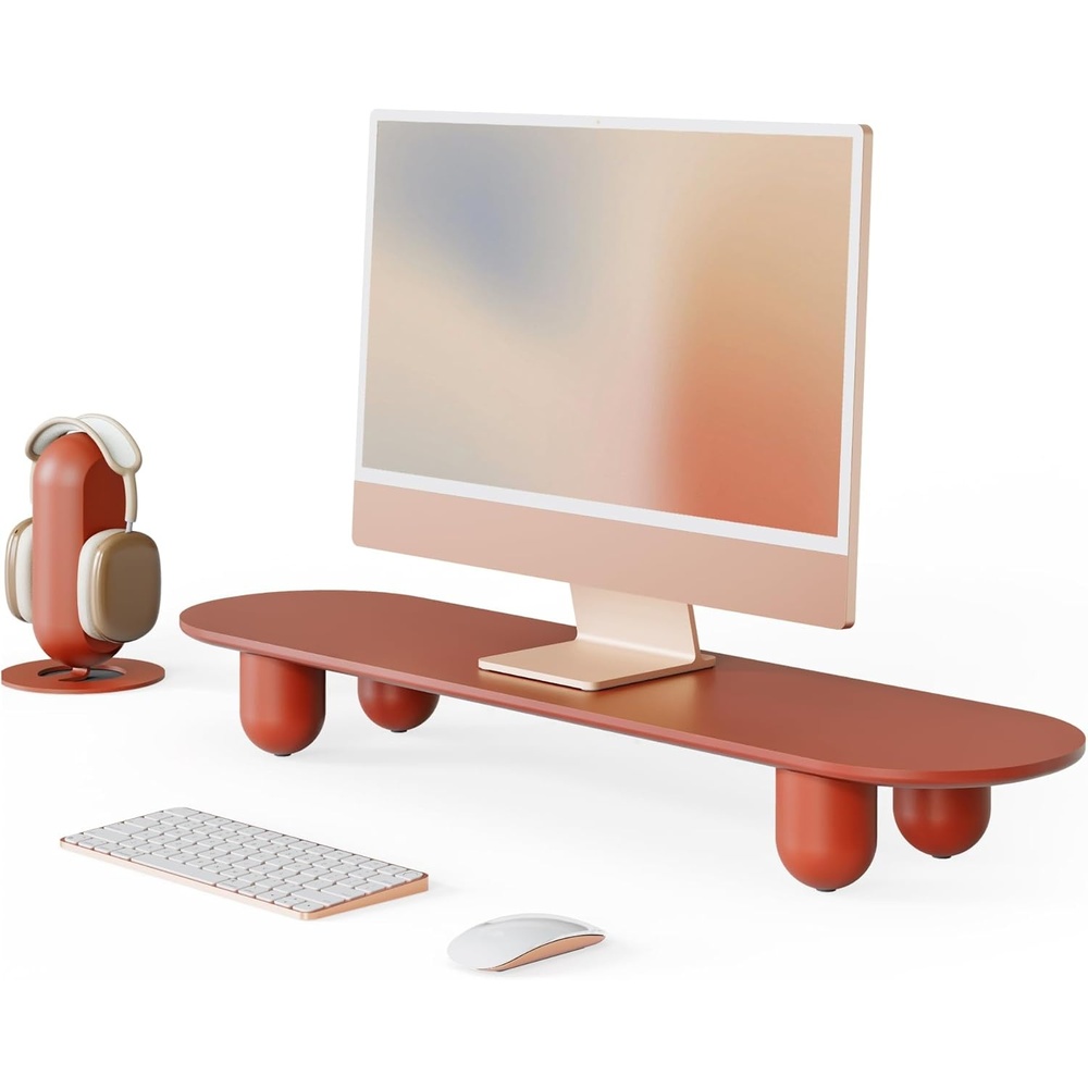 image:imageFenge Monitor Riser 34 Inch Dual Monitor Stand for Large Monitors Desk Organizer with Wooden Shelf amp Solid Wood Legs Computer Stand for Laptop TV PC Printer RedRed