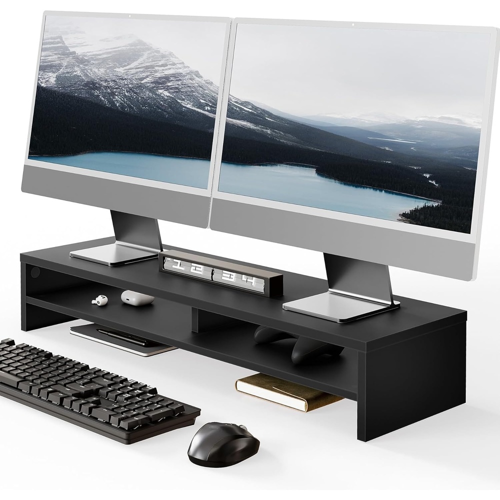 image:imageFenge Monitor Stand 315 Inch Computer Monitor Riser for Desk 2 Tiers Wood Desk Shelf with Storage Desktop Organizer for PC Laptop Screen PrinterBlack