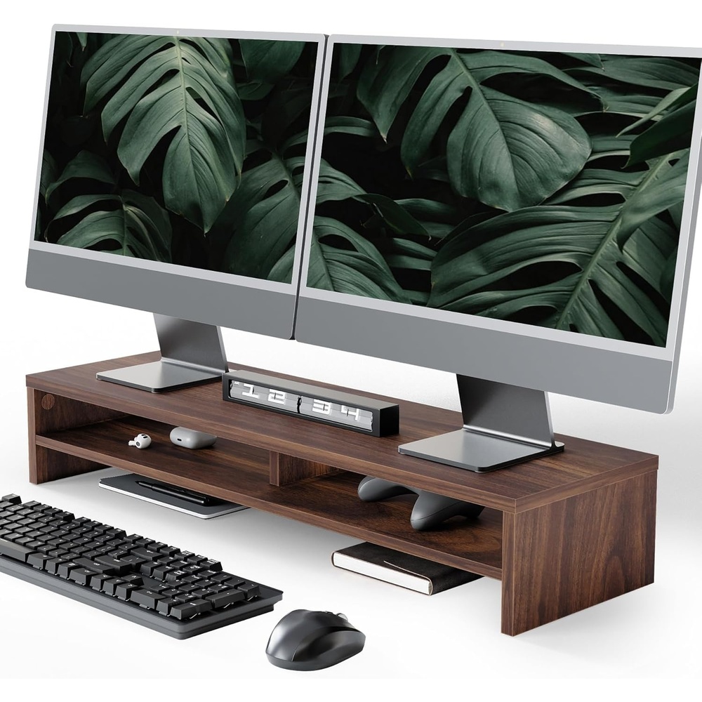 image:imageFenge Monitor Stand 315 Inch Computer Monitor Riser for Desk 2 Tiers Wood Desk Shelf with Storage Desktop Organizer for PC Laptop Screen PrinterBrown