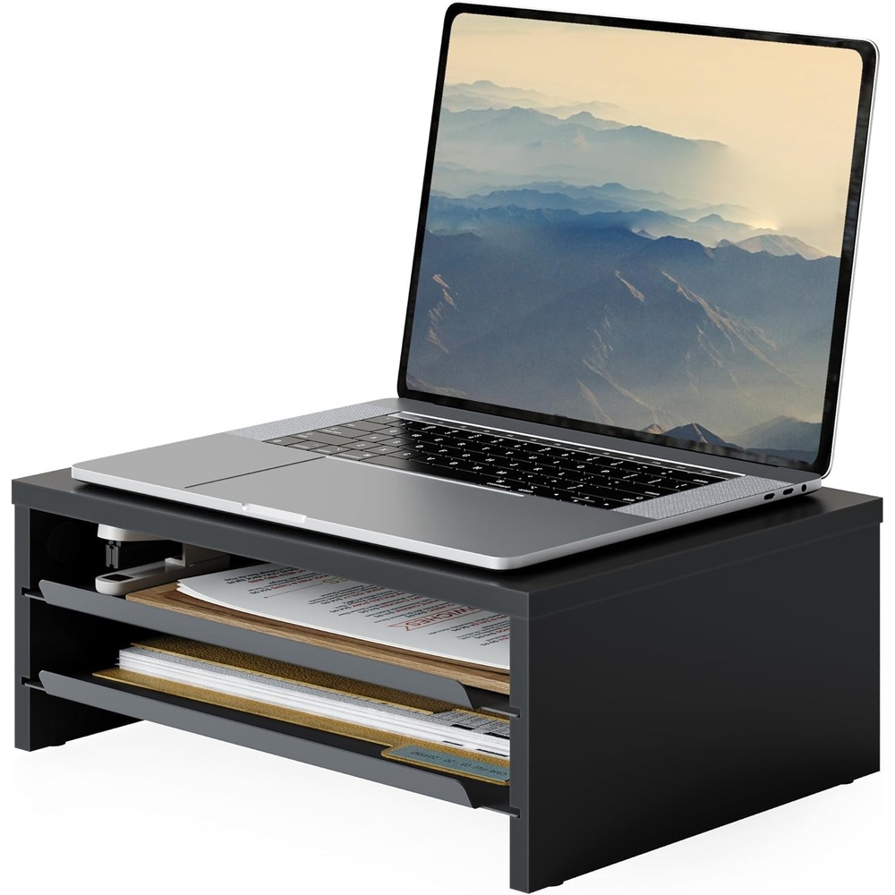 image:imageFenge Monitor Stand 3Tier Monitor Riser with SlideOut Tray Wooden and Metal Desktop Organizer for Home Office Computer Laptop Printer TelephoneBlack