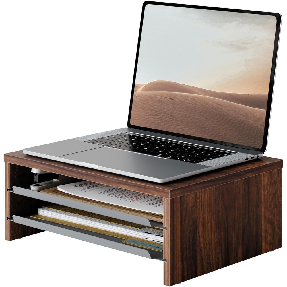 image:imageFenge Monitor Stand 3Tier Monitor Riser with SlideOut Tray Wooden and Metal Desktop Organizer for Home Office Computer Laptop Printer TelephoneBrown