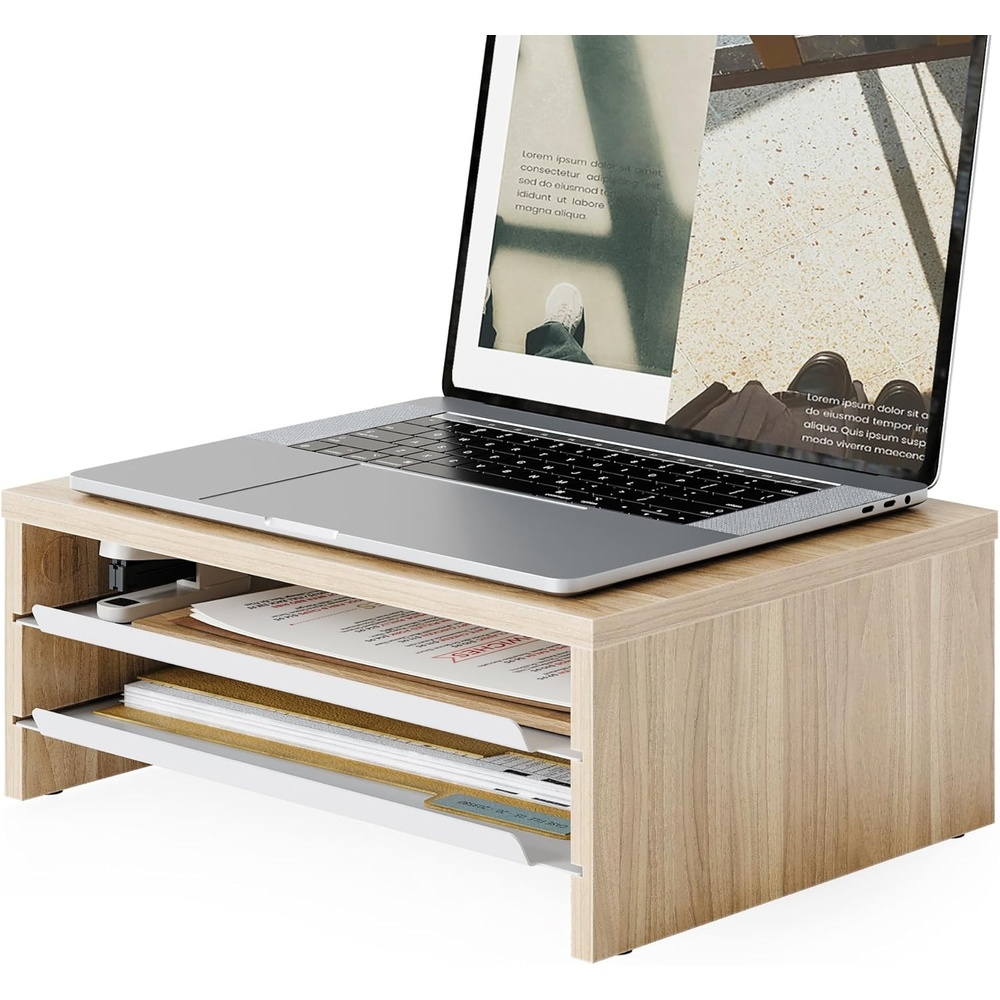 image:imageFenge Monitor Stand 3Tier Monitor Riser with SlideOut Tray Wooden and Metal Desktop Organizer for Home Office Computer Laptop Printer TelephoneOak