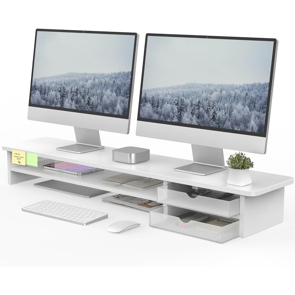 image:imageFenge Monitor Stand Dual Monitor Riser 425inch Large Desk Computer Monitor Stand Riser with Drawer 2 Tier Wood amp Acrylic Desktop Organizer for Computer Laptop Printer TV Screen RiserWhite