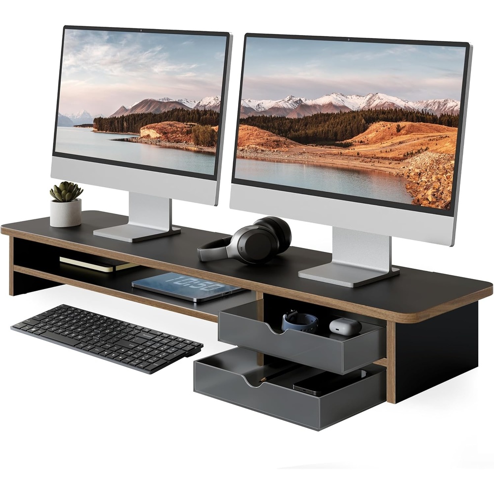 image:imageFenge Monitor Stand Dual Monitor Riser 425inch Large Desk Computer Monitor Stand Riser with Drawer 2 Tier Wood amp Acrylic Desktop Organizer for Computer Laptop Printer TV Screen RiserBlack