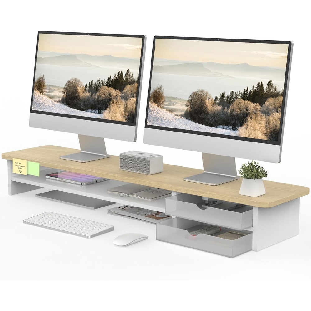 image:imageFenge Monitor Stand Dual Monitor Riser 425inch Large Desk Computer Monitor Stand Riser with Drawer 2 Tier Wood amp Acrylic Desktop Organizer for Computer Laptop Printer TV Screen RiserOak