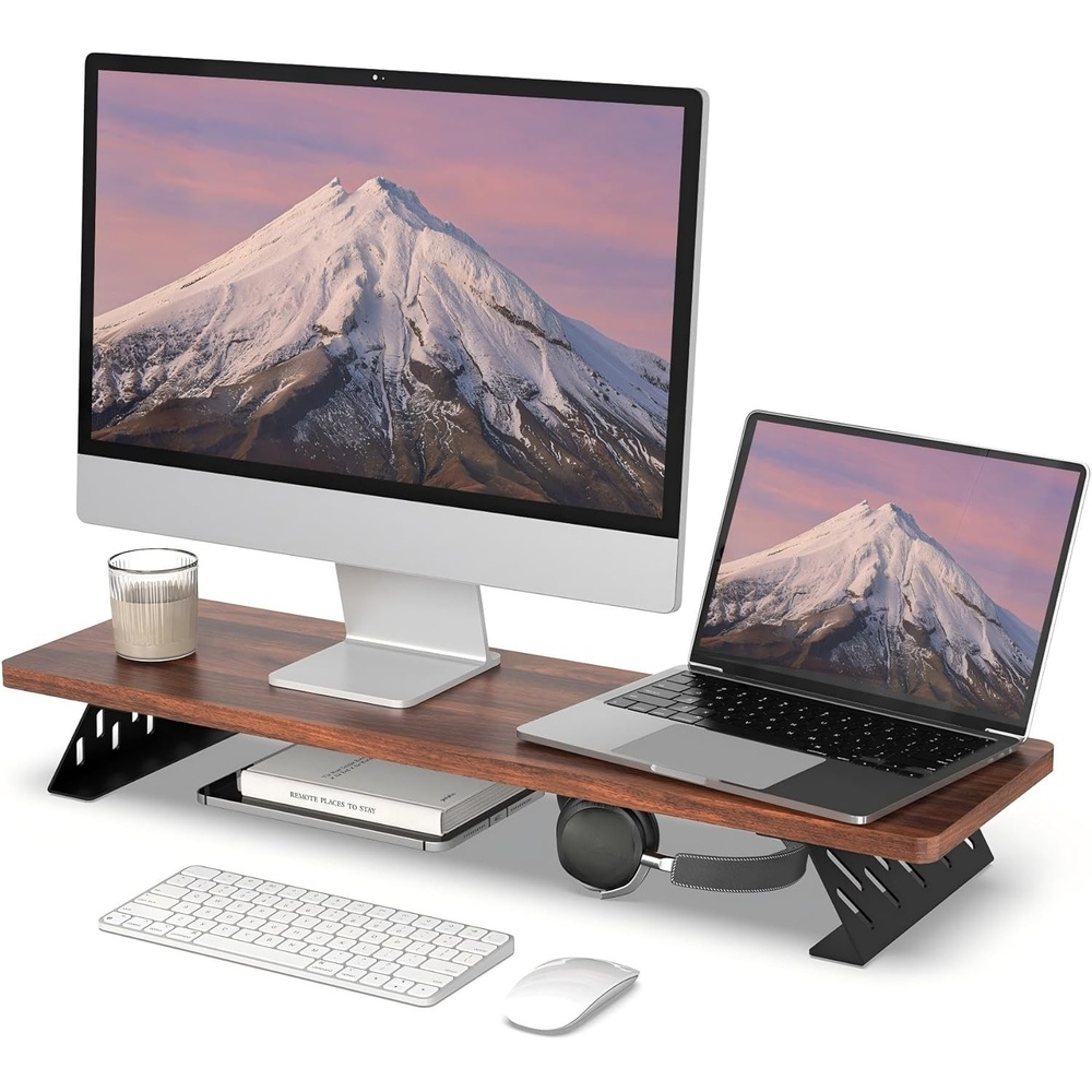 image:imageFenge Monitor Stand Riser Desk Top Shelf for 2 Monitors Computer Stands for Desk Wood amp Steel Desktop Riser for Laptop PC PrinterBrown