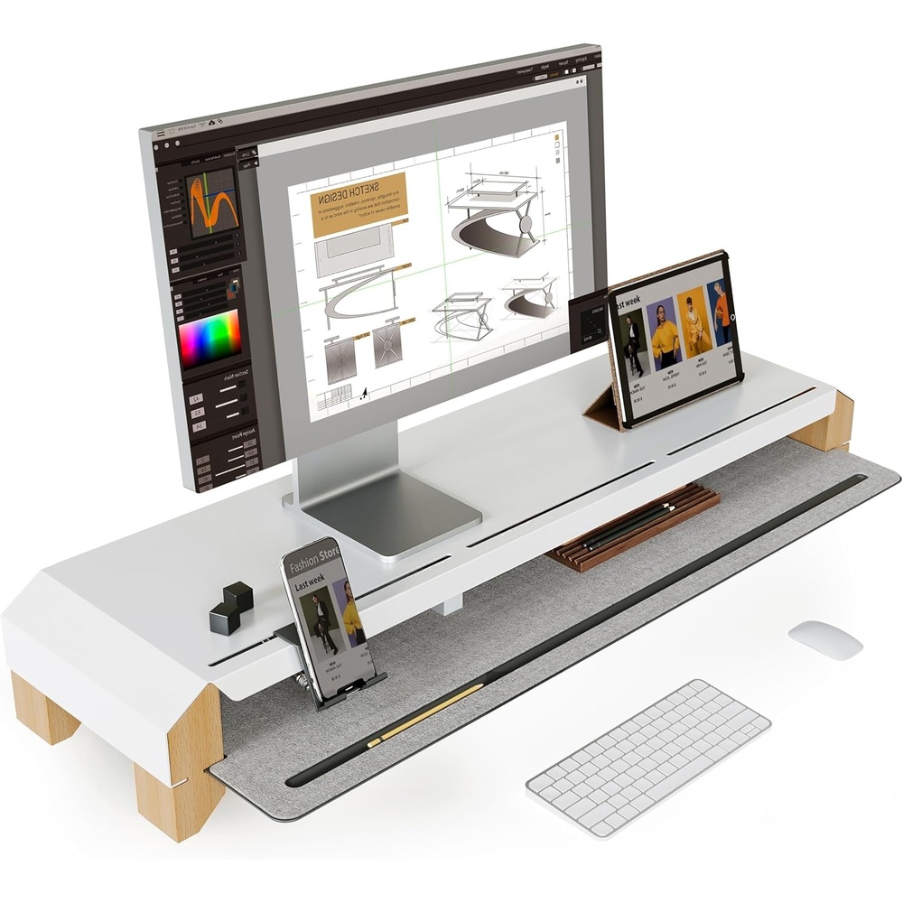 image:imageFenge Monitor Stand for Desk 39 Inch Dual Monitor Riser for 2 Monitors Solid Wood Desk Shelf with Cable Management 2 Tier Computer Stand with Phone Stand for PC Laptop Printer TVWhite
