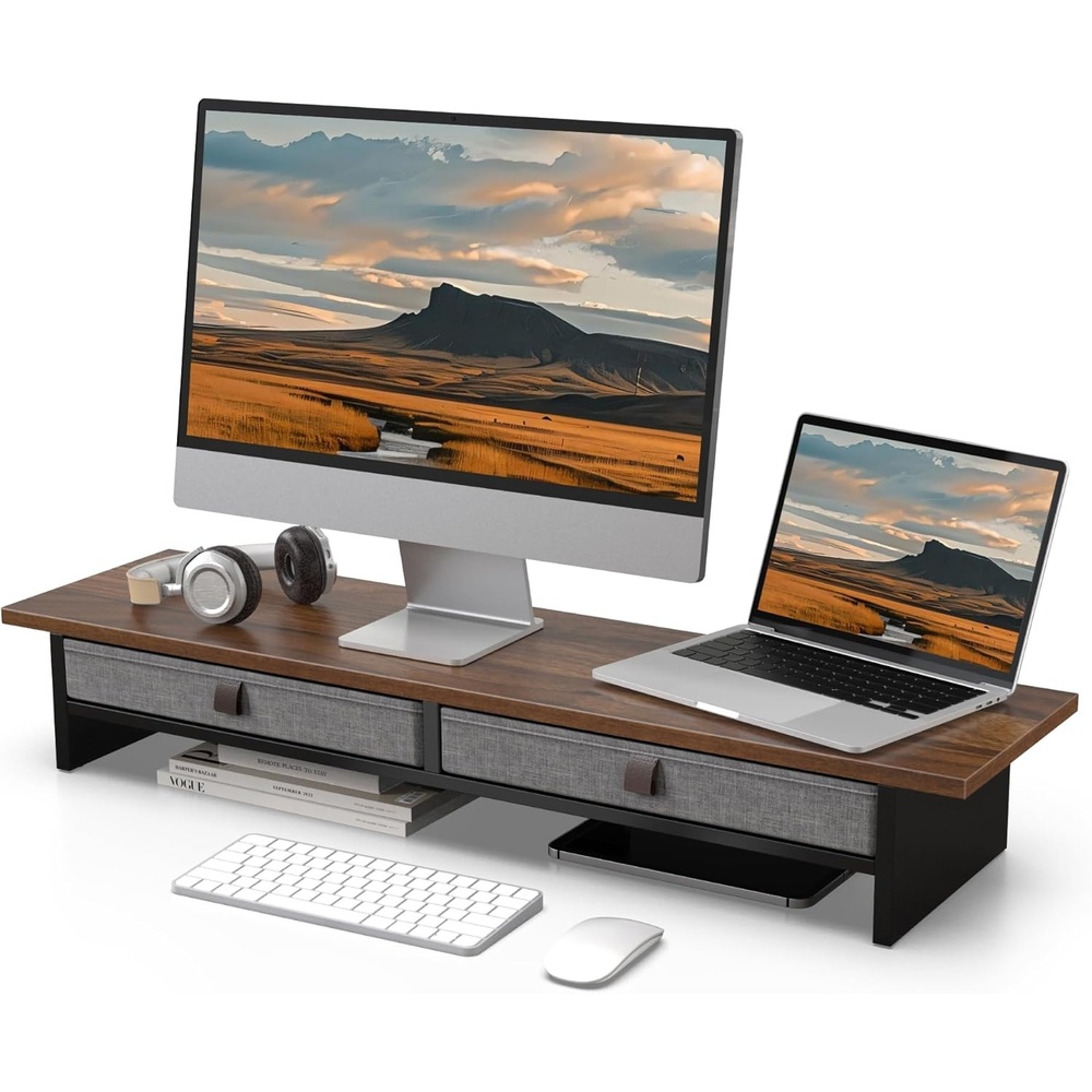image:imageFenge Monitor Stand with Drawer 2 Tiers Dual Monitor Riser for Desk 35 Inch Computer Stand for 2 Monitors Desk Shelf for Home Office Laptop PC TV PrinterBrown